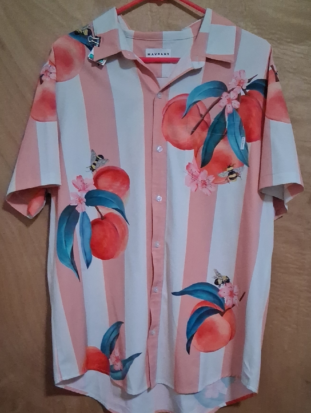 Mavrakis Peach-Print Short Sleeve Button-Down Shirt - Coral/White